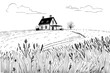 © Artem - Rural landscape with a farm in engraving style. Hand drawn vector Illustration
