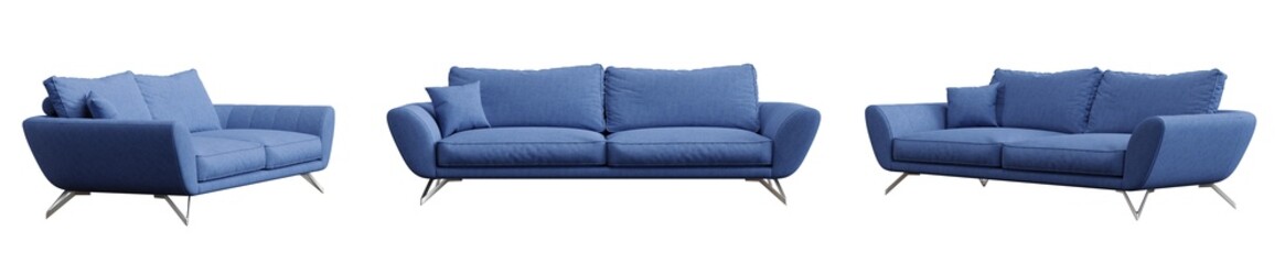 Set of blue sofa isolated on transparent background. 3D render.