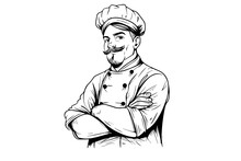 Chef In A  Hat With Crossed Arm Pose Logotype Engraving Style Vector Illustration.
