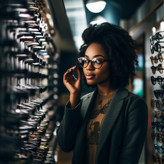 Black woman looking at glasses in an optician. Generative AI.