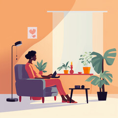 Wall Mural - Minimalist illustration of a black woman at home. Generative AI.