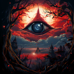 The occult eye scary night illustration
