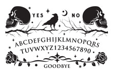 Graphic Template Inspired By Ouija Board. Skeleton Skull With Crow And Roses Surrounded By Moon And Stars Texts And Alphabet. Gothic Typography. Ghosts And Demons Calling Game.