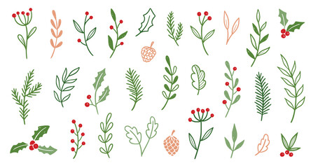 Aufkleber - Christmas plant leaf, flower set. Hand drawn doodle sketch holly floral, christmas tree leaves, winter branch elements. Holiday decoration, rustic wreath sketch doodle. Vector illustration.