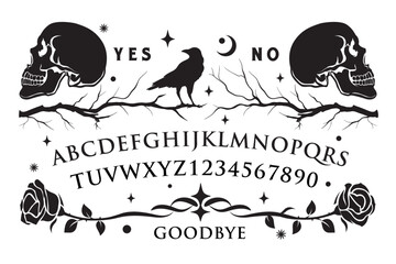 graphic template inspired by ouija board. skeleton skull with crow and roses surrounded by moon and 