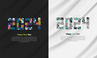 Happy New Year 2024. Geometric shape colorful number of 2024 on dark background. Template design for poster, calendar, banner, flyer, web. Vector illustration