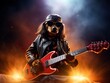 Ein auf der Bühne stehender Hund spielt Gitarre