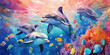  Watercolor multicolored drawing of group of dolphins among colorful corals and fish in sea depth.