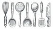 Set of kitchen tools for cooking, old engraving style. Sketch vintage vector illustration for restaurant or diner menu