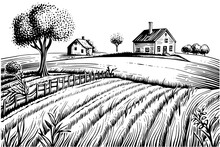 Vineyard Landscape Engraving Style. Vintage Hand Drawn Sketch Vector Illustration