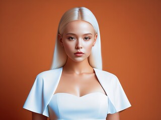 Wall Mural - young albino girl on orange background. generative ai