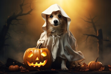 Dog in Halloween costume and pumpkin. AI generative.