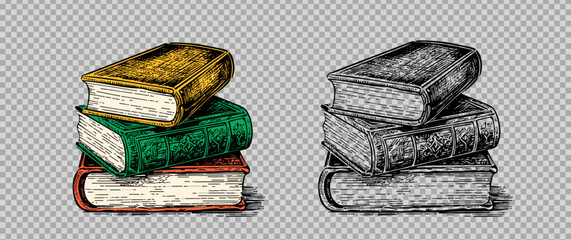 Sketch engraving transparent stack of books set. Hand drawn vector illustration pack. Color and black and white image