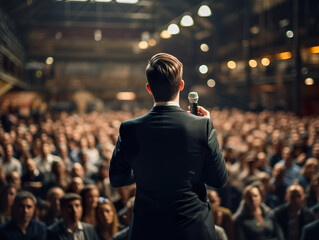 Men speaking through a microphone in conference hall. Background speech at a conference, business training, forum about marketing and management . Professional ideas, politics