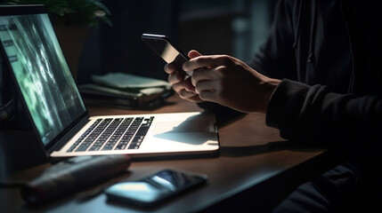 Currency exchange, money transfer, FinTech financial technology, Global business, online banking, interbank payment concept. Man using mobile phone and laptop computer , Generative Ai