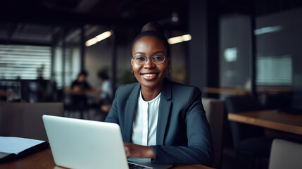 Professional female employee or a businesswoman using a laptop in a modern office. Copy space