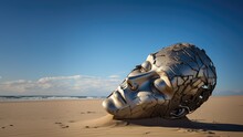 Art Sculpture Of A Fictional Human Female Head Made From Metallic Silver Steel Lying On A Deserted Coastal Sand Beach Near Ocean Waves In Background - Generative AI