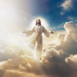 The resurrected Jesus Christ ascending to heaven above the bright light sky and clouds and God, Heaven and Second Coming concept, generative ai