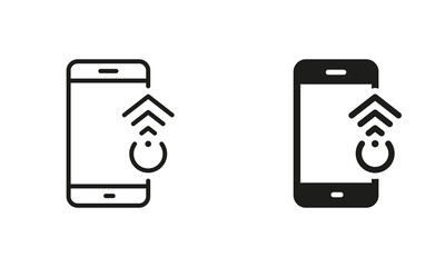 Poster - Swipe on Smartphone Line and Silhouette Black Icon Set. Gesture Up on Mobile Phone Pictogram. Touch Screen in Cellphone, Scroll Up in Electronic Device Symbol Collection. Isolated Vector Illustration