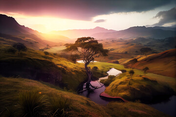 Wall Mural - Colombia landscape with hills and tree. Generative AI Art. Beautiful view.