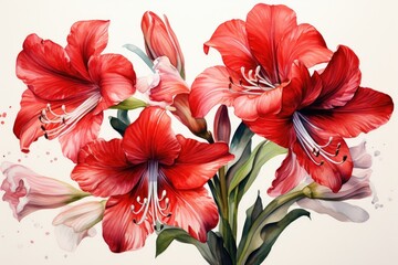 Watercolor illustration of red flower amaryllis. Generative AI