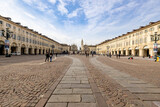 Fototapeta  - TURIN, ITALY, APRIL 11, 2023 - View of San Carlo Square in the center city of Turin, Piedmont, Italy