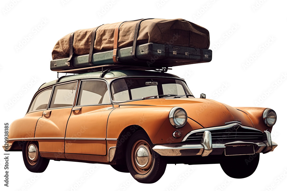 Retro car with luggage on the roof isolated on transparent background ...