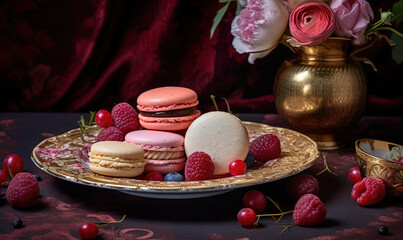 Poster -  a plate of macaroons, raspberries, and a vase of flowers.  generative ai