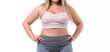 © Bussakon - Fat female fitness. Transforming body, health and lifestyle through weight loss, exercise and healthy living in sportswear on  white background