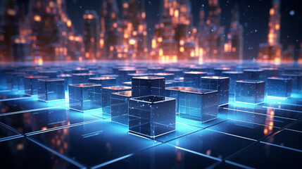 3D rendering of abstract digital city with glowing cubes on dark background