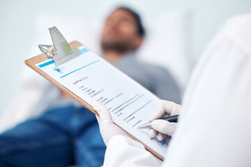 Poster - Clipboard, hands and doctor with medical report for a patient on a hospital or clinic bed for healthcare treatment. Diagnosis, prescription and medicine employee or worker writing exam for insurance