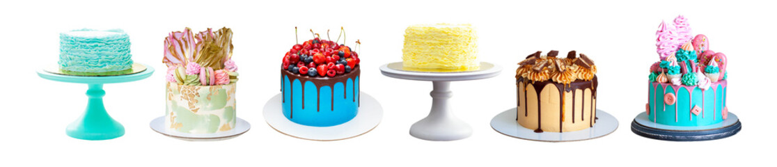 Wall Mural - Set of bright colorful cakes isolated on white background, png. Cakes with fondant ruffles, fresh berries, chocolate, caramel