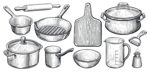 kitchen utensils set in vintage engraving style. cooking concept. sketch vector illustration
