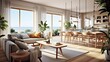 © Kazia - Mediterranean-inspired living room and dining room design space with modern furniture and indoor plants. Open plan, sea view, Generative AI