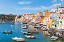 Colourful Houses And Boats At Marina Corricella, Procida Island, Naples Bay, Naples Province, Phlegraean Islands, Campania Region