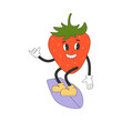 Cute strawberry character in y2k groovy style. Cartoon character riding surf board. Isolated vector illustration. 