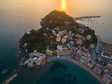Aerial View Of Sestri Levante And Its Baia Del Silenzio At Sunset, Genova, Liguria