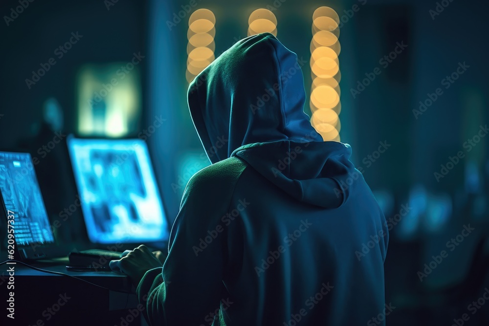 Back view of hacker wearing a hoodie sitting at their desk break into a ...