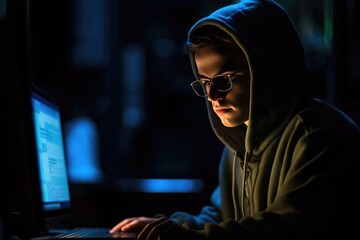 Programmer wearing a hoodie sitting working on their computer, AI generated