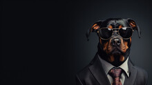 Cool Looking Rottweiler Dog Wearing Suit, Tie And Sunglasses Isolated On Dark Background With Copyspace For Text. Businessman. Digital Illustration Generative AI.