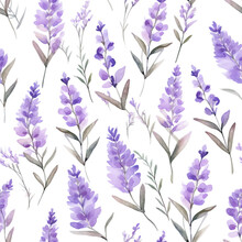 Watercolor Seamless Pattern With Lavender Branches. Print For Decor And Textile Design. Generative AI.