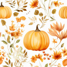 Seamless Background With Pumpkins And Leaves. Repeating Autumn Background. Generative AI.