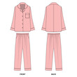 © Iryna - Vector sketch of pink colored pajamas. Drawing of pajama shirt with long sleeves and collar, front and back view. Drawing of pajama pants with pleats front and back view.
