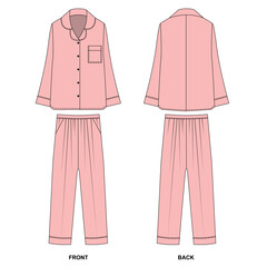 Canvas Print - Vector sketch of pink colored pajamas. Drawing of pajama shirt with long sleeves and collar, front and back view. Drawing of pajama pants with pleats front and back view. 