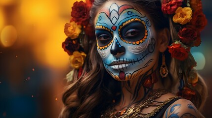 Wall Mural - Beautiful Woman celebrating Día de Muertos, generated with ai