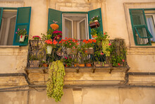 View Of Traditional Balcony With Flowers Piazza Duomo In Sassari, Sassari, Sardinia