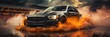 Sports Car with Flames, Smoke and Particles. Epic Scenery with Dust,Smoke, Flames and particles.