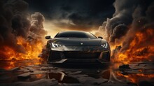 Sports Car With Flames, Smoke And Particles. Epic Scenery With Dust,Smoke, Flames And Particles.