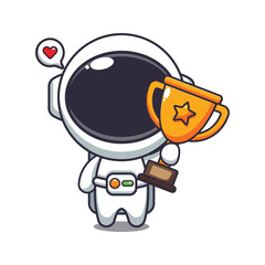 Wall Mural - cute astronaut holding gold trophy cup cartoon vector illustration.