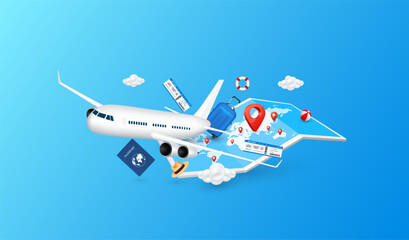 Wall Mural - Airplane is taking off with passport, luggage, air ticket and positioning pins red on world map paper blue. Travel transport concept. 3D Vector EPS10. For advertising media about tourism.